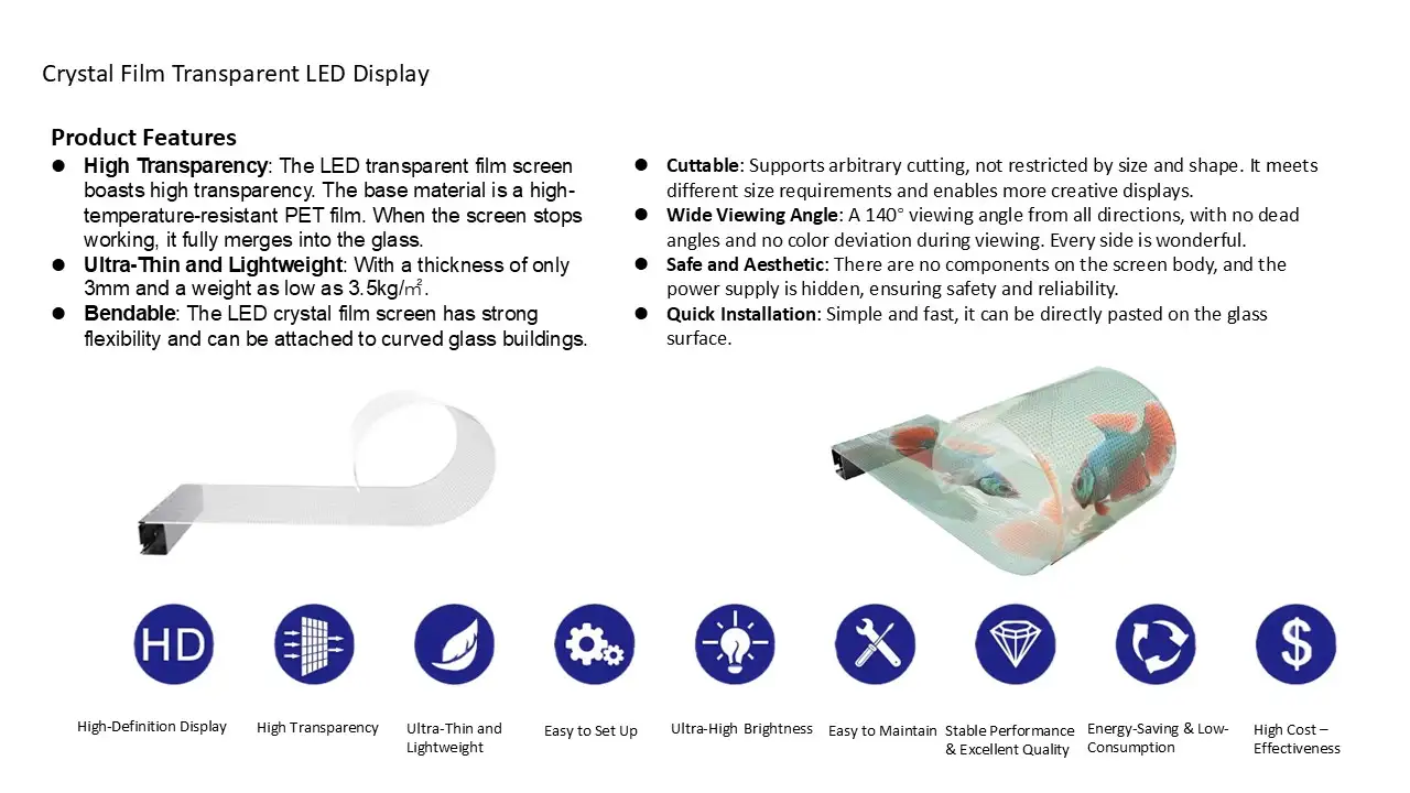 Crystal Film Transparent LED Display Features | Ultra-Thin, Bendable & Cuttable Screen Infographic detailing the product features of a Crystal Film Transparent LED Display. The left section highlights key specs: high transparency using high-temperature-resistant PET film that merges into glass, an ultra-thin and lightweight design (3mm thickness, 3.5kg/m²), and strong flexibility for curved glass buildings. The right section highlights cuttability for custom sizes, a 140° wide viewing angle, safety with hidden power supplies, and quick paste-on installation. Visuals include a rolled-up transparent LED film, a curved screen displaying a fish tank scene, and nine circular icons representing HD display, high transparency, lightweight design, easy setup, ultra-high brightness, easy maintenance, stable performance, energy-saving, and high cost-effectiveness
