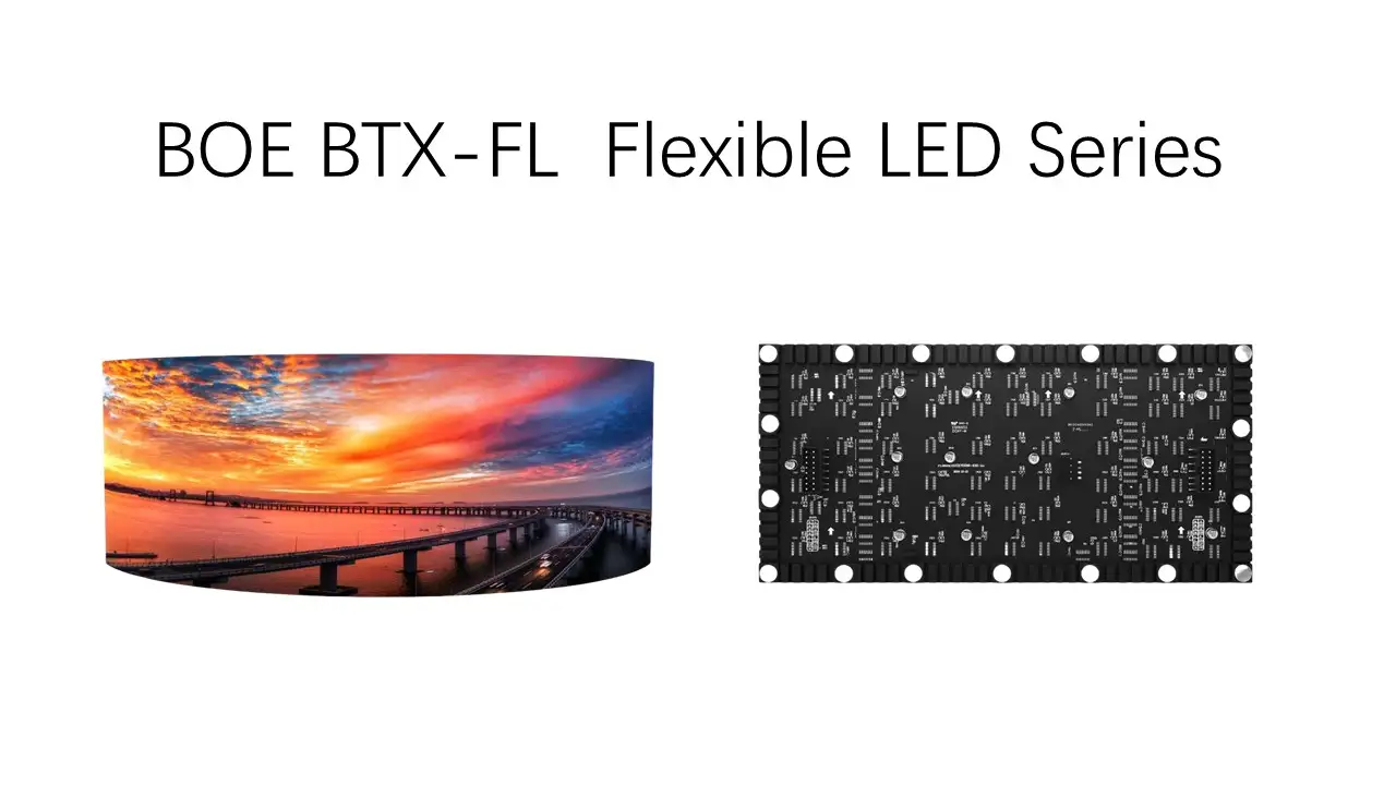 BOE BTX-FL flexible LED series overview showing a curved cylindrical LED display on the left and the rear flexible PCB with magnetic mounting points on the right.