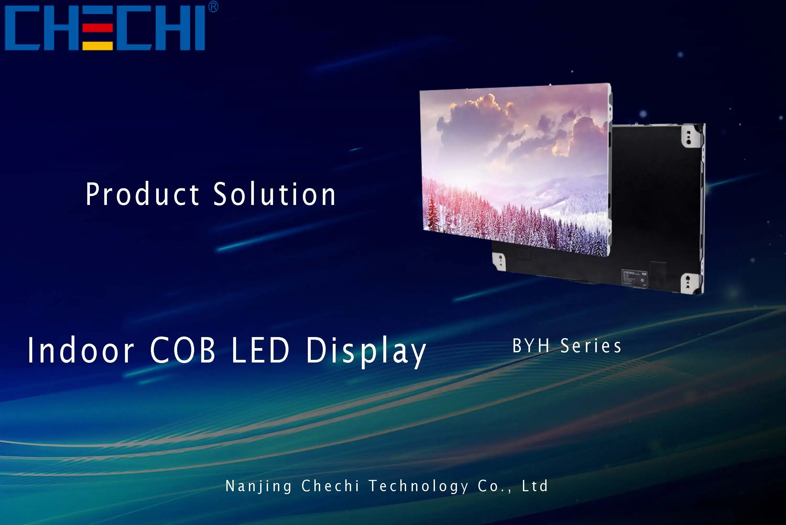 CHECHI BYH series indoor COB LED display product solution cover, featuring the BYH series title, company logo, and Nanjing Chechi Technology Co., Ltd.