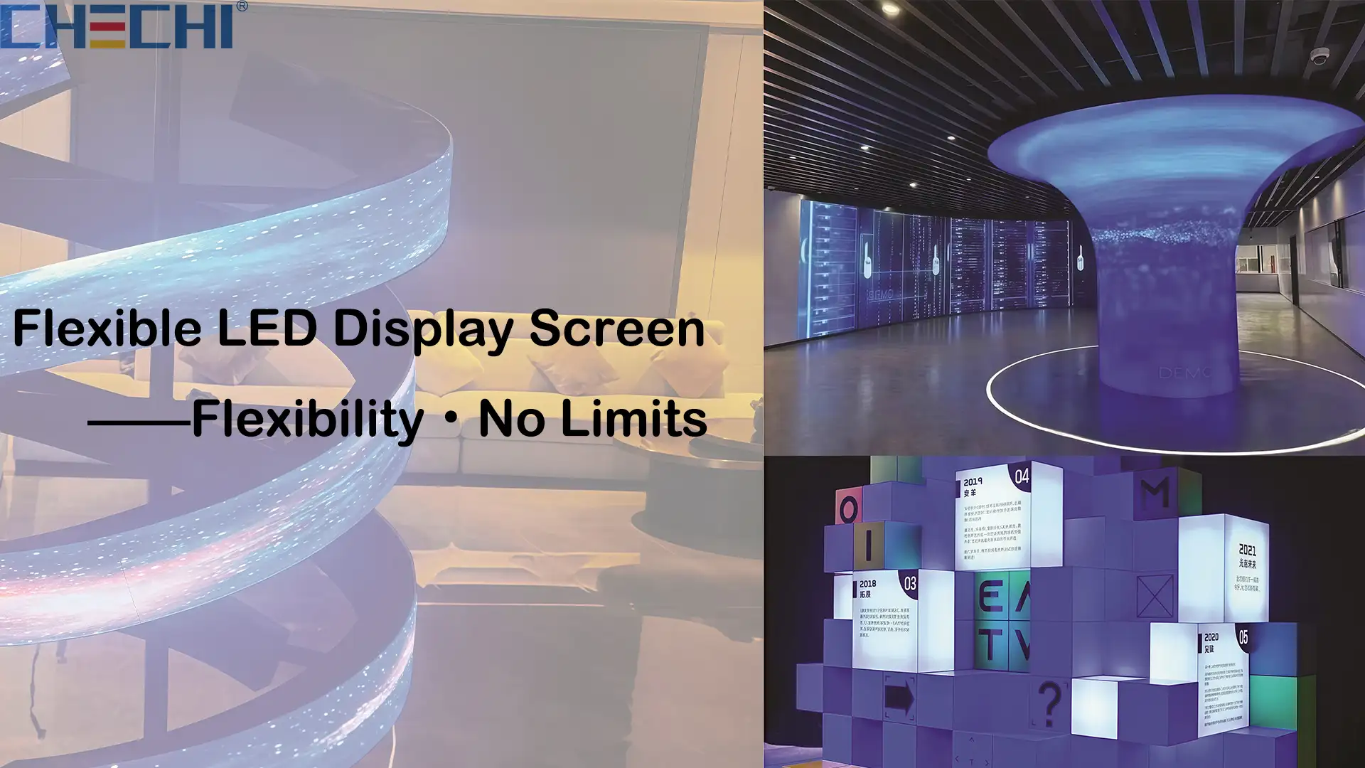 Flexible LED Display Screen – Flexibility No Limits Cover image of CHECHI flexible LED display screen showing a spiral ribbon LED installation, with the text “Flexibility No Limits” and examples of creative LED shapes.
